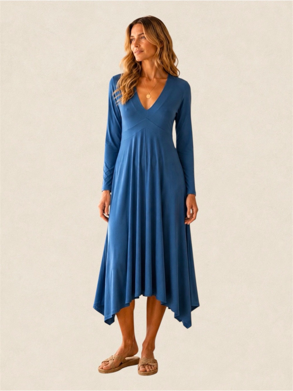 Sympli Blue Midi Dress Sz 6 Long Sleeve V-Neck Swing Dress Stretch Made Canada